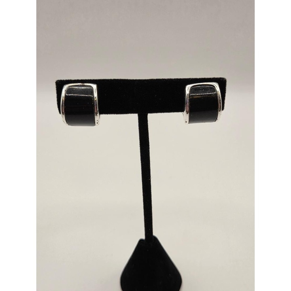 Vintage Signed MONET Silver Tone Black Enamel Magnetic Clip On Hoop Earrings
